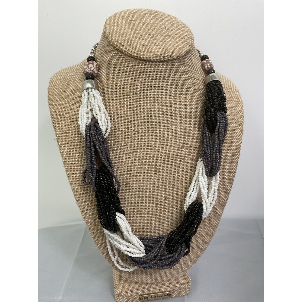 Black White Beaded Statement Necklace With Silver Clasp